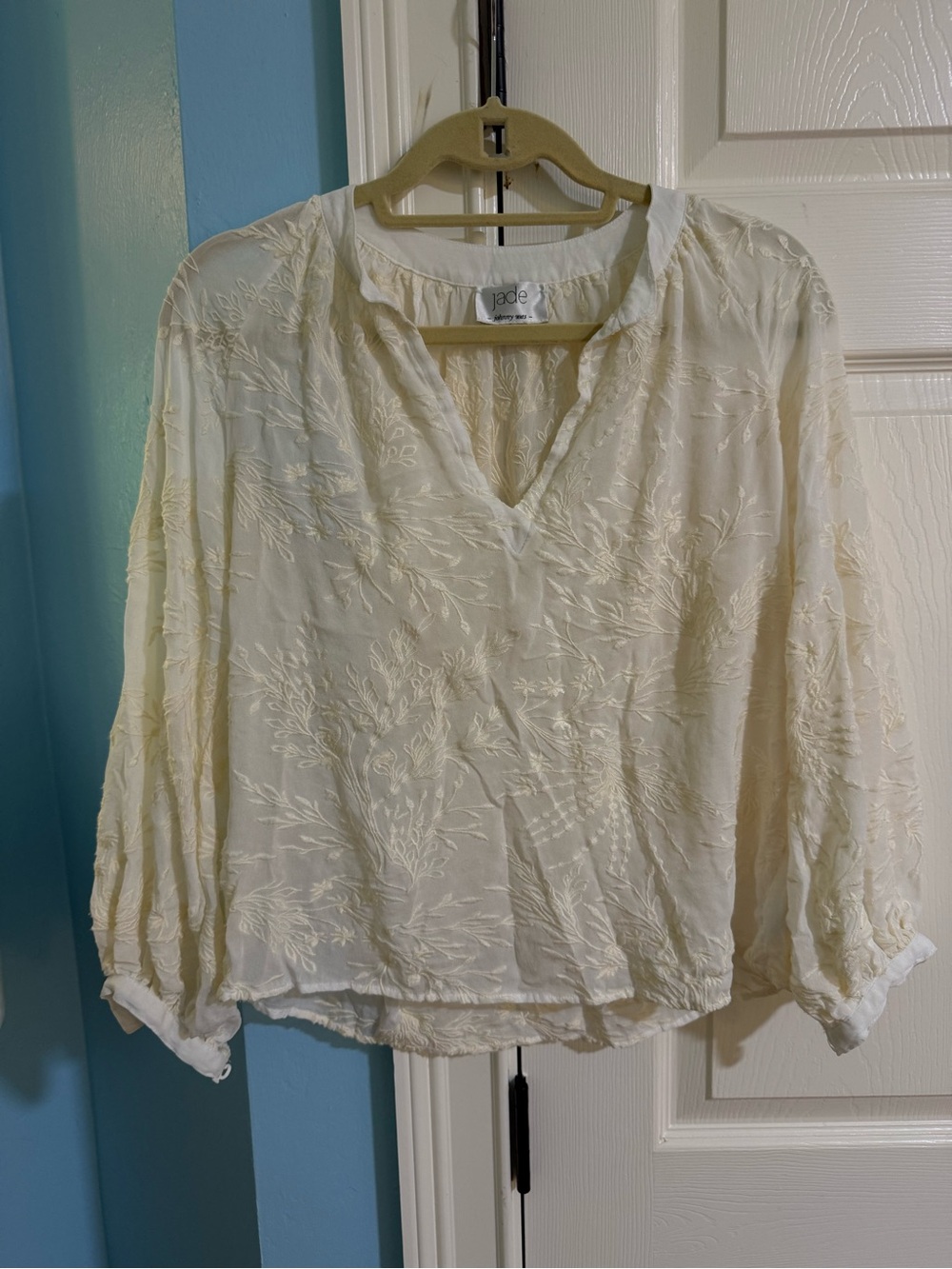 Johnny Was Jade Ivory Embroidered V-Neck Peasant Blouse